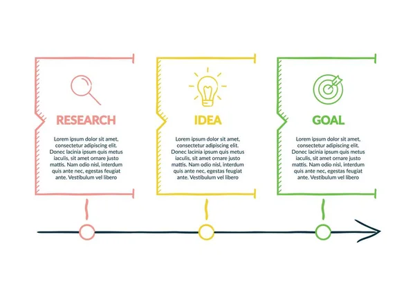 Conceito de modelo de negócio de seta com 3 etapas sucessivas. Três elementos gráficos coloridos. Design de linha do tempo para brochura, apresentação. Layout de design infográfico . —  Vetores de Stock