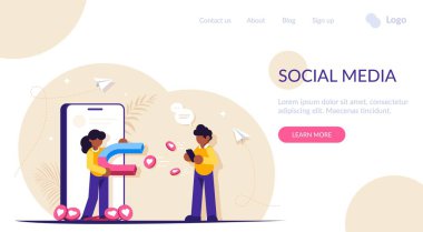 Sosyal medya pazarlaması. Daha çok beğenilen konsept illüstrasyon. Mıknatısı olan insanlar onun sosyal medya sayfasını beğeniyor. İnsanlar cep telefonu kullanıyor. Modern düz vektör illüstrasyonu.