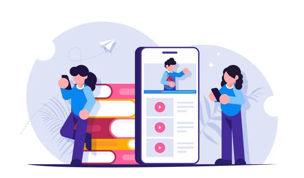 Студенты изучают учебную программу удаленно, просматривая вебинары на экране мобильного телефона. Современная плоская векторная иллюстрация . — стоковый вектор