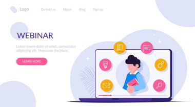 Webinar, online konferans, webinar. Mesafe öğrenme yöntemi. Dizüstü bilgisayardaki adam. Modern düz vektör illüstrasyonu.