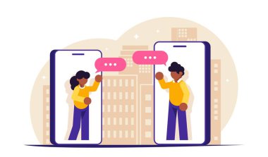 Evde kal. İnsanlar salgın ya da izolasyon sırasında cep telefonlarıyla haberleşiyorlar. Modern düz vektör illüstrasyonu.