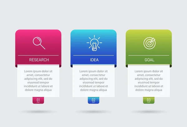 Concepto de modelo de negocio de flechas con 3 pasos sucesivos. Tres coloridos elementos gráficos. Diseño de cronología para folleto, presentación. Diseño infográfico. — Archivo Imágenes Vectoriales