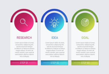 Ardışık üç adımlı ok iş modeli kavramı. Üç renkli grafik öğe. Broşür ve sunum için zaman çizelgesi tasarımı. Infographic tasarım düzeni.