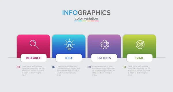 Infografikai kialakítás ikonokkal és 4 opcióval vagy lépéssel. Vékony vonalvektor. Infografika üzleti koncepció. Használható infó grafikákhoz, folyamatábrákhoz, prezentációkhoz, weboldalakhoz, bannerekhez, nyomtatott anyagokhoz. — Stock Vector