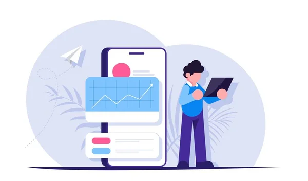 Concepto de análisis de datos en el lanzamiento de una nueva startup. Personas con un portátil en el fondo de un teléfono móvil. Moderna ilustración vectorial plana . — Vector de stock