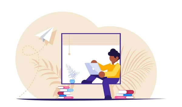 Freelancer ou empregado durante o trabalho à distância senta-se com laptop no peitoril da janela perto da janela. Ilustração moderna do vetor plano . — Vetor de Stock