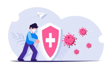 Kalkanı olan insanlar virüs saldırısından korunuyor. Enfeksiyona karşı önlem olarak bakteri maskesi takıyordu. Modern düz vektör çizimi beyaz arkaplanda izole edildi.