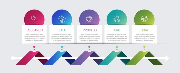 Conception infographique avec icônes et 5 options ou étapes. Vecteur de lignes minces. Infographie concept d'entreprise. Peut être utilisé pour les graphiques d'information, organigrammes, présentations, sites Web, bannières, documents imprimés. — Image vectorielle