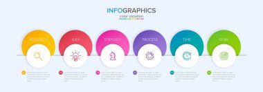 Ardışık 6 izometrik basamaklı ok iş modeli kavramı. Altı renkli grafik elementi. Broşür ve sunum için zaman çizelgesi tasarımı. Infographic tasarım düzeni