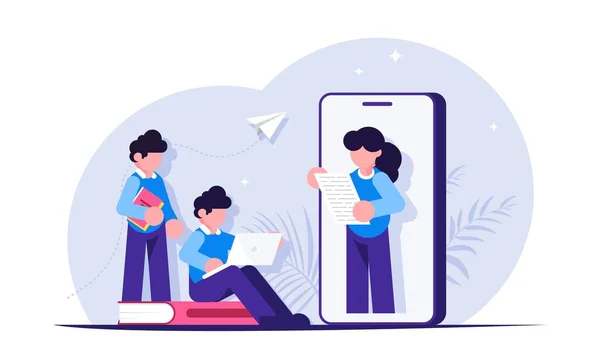 Folk när de surfar på webinariet. Utbildning online genom att titta på videor på din mobiltelefon. Modern platt vektor illustration. — Stock vektor