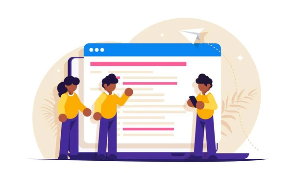 Programmerare diskuterar koden på skärmen. IT-specialister som arbetar med projektet. Modern platt vektor illustration. — Stock vektor