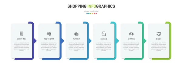 Altı adımlı alışveriş süreci kavramı. Altı renkli grafik elementi. Broşür, sunum ve web sitesi için zaman çizelgesi tasarımı. Infographic tasarım düzeni. — Stok Vektör