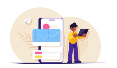 Yeni bir girişimin başlangıcında veri analizi kavramı. Cep telefonunun arka planında dizüstü bilgisayarı olan insanlar. Modern düz vektör illüstrasyonu.