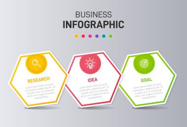 Ardışık üç adımlı ok iş modeli kavramı. Üç renkli grafik öğe. Broşür ve sunum için zaman çizelgesi tasarımı. Infographic tasarım düzeni.