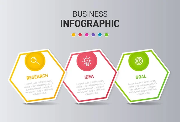 Konzept des Pfeil-Geschäftsmodells mit 3 aufeinander folgenden Schritten. Drei farbenfrohe grafische Elemente. Timeline-Design für Broschüre, Präsentation. Gestaltung der Infografik. — Stockvektor
