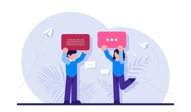 İnternet iletişimi, anlık mesajlaşma, sohbet, sosyal ağda online konuşma kavramı. Konuşma balonu ya da mesaj mesajı tutan insanlar. Modern düz vektör illüstrasyonu.