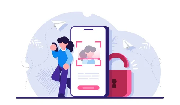Begreppet ansikte ID-teknik, biometrisk autentisering, ansiktsigenkänning system, informationsskydd. Kvinnan använder mobiltelefon. Modern platt vektor illustration. — Stock vektor