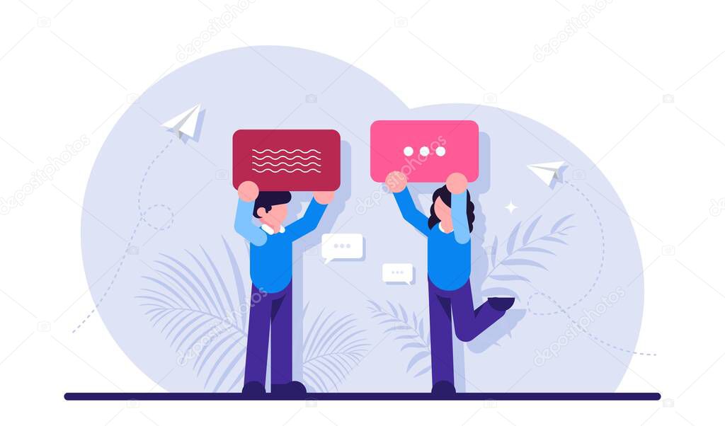 Concept of internet communication, instant messaging, chatting, online conversation on social network. People holding speech bubble or message notification. Modern flat vector illustration.