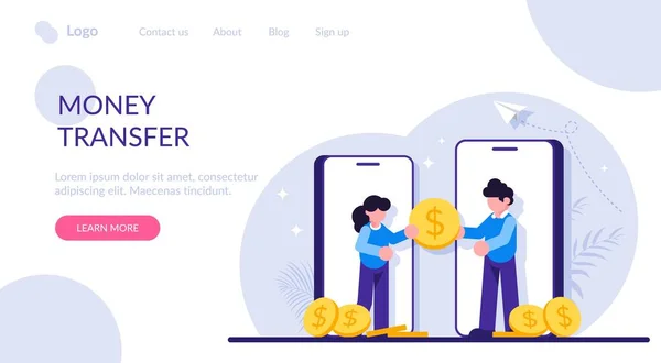 Concepto de pago móvil seguro, servicio de transferencia de dinero, transacción o donación. La gente y los teléfonos inteligentes pasan una moneda gigante. Moderna ilustración vectorial plana . — Archivo Imágenes Vectoriales