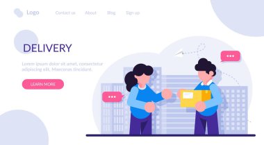 Online bir mağazadan karton bir kutuda mal teslimatı kavramı. Kurye paketi kıza teslim eder. Modern düz vektör illüstrasyonu.