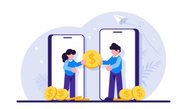 Güvenli cep telefonu ödemesi, para transferi, alım-satım veya bağış kavramı. İnsanlar ve akıllı telefonlar dev bir madeni para veriyor. Modern düz vektör illüstrasyonu.