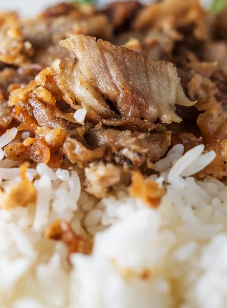 Nasi dengan daging babi goreng tutup — Stok Foto