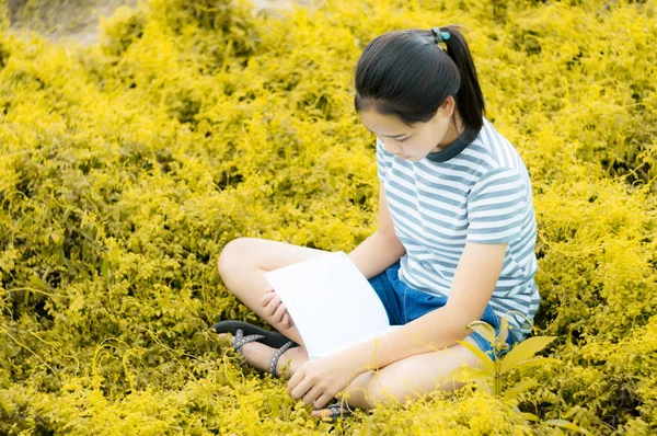 Young girl reading in gold meadow contryside nature — Stock Photo, Image