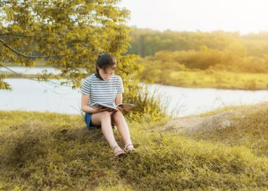 Genç kız altın kırsal doğa bir kitap okuma