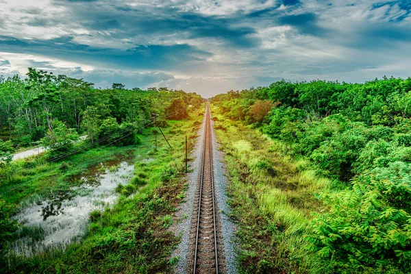 Railroad and railway train transportation with color of sky sunl — Stock Photo, Image