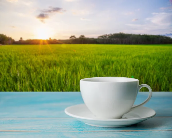 A cup of coffee with rice field rural with colorful of sky in mo