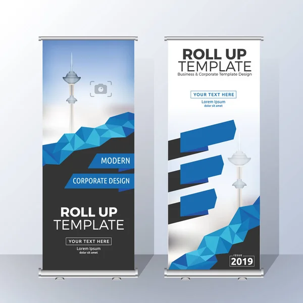 Vertikales Roll-Up-Banner-Template-Design für Ankündigung und Werbung — Stockvektor