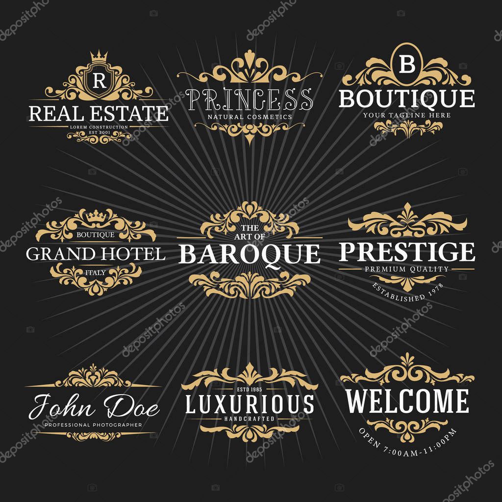 Vintage Royal Flourish Frame Logo Decorative Design for Banner, Sticker, Label, Tags, Invitation. Vector illustration
