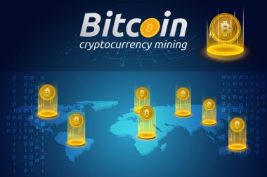 Dünya Haritası üzerinde ışık efekti parlayan altın Bitcoin 