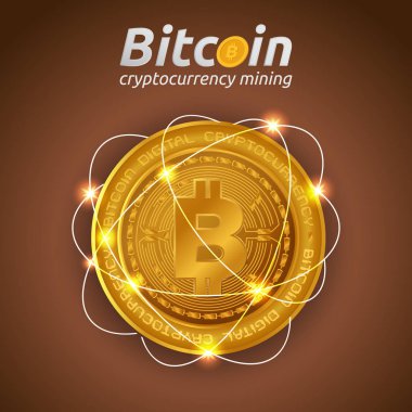 Işık efekti koyu arka plan üzerinde parlayan altın Bitcoin