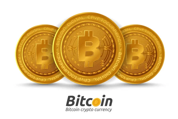Tre gyllene Bitcoin tecken på vit bakgrund. — Stock vektor