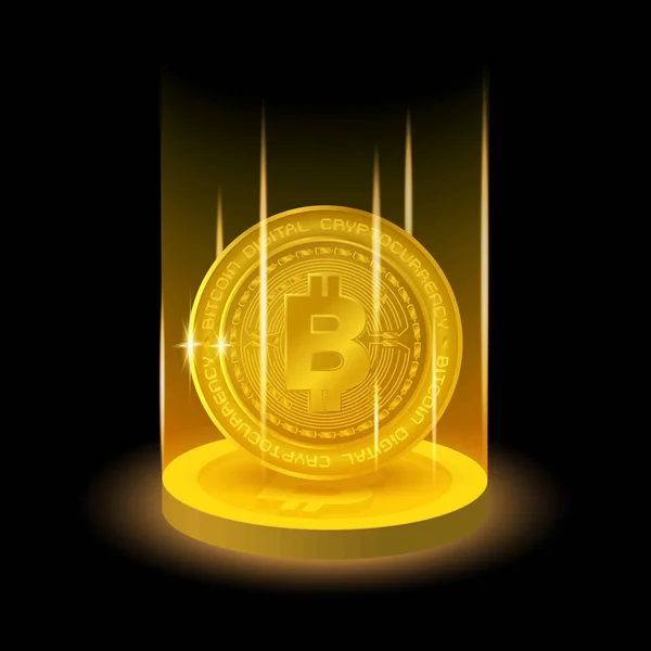 Золотий Bitcoin в світить світло ефект на темному тлі — стоковий вектор