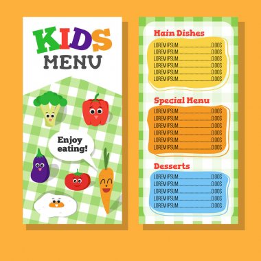 2 sayfa Kids menü tasarımı için restoran sebzeli