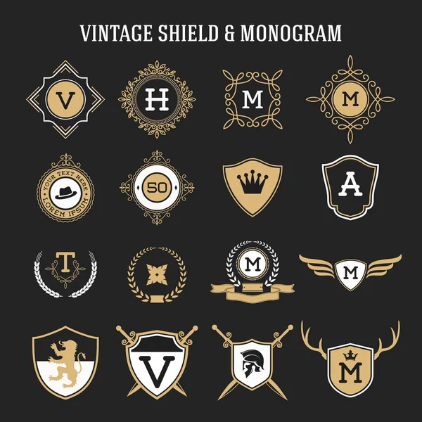 Sada prvků vintage monogram a štít — Stockový vektor