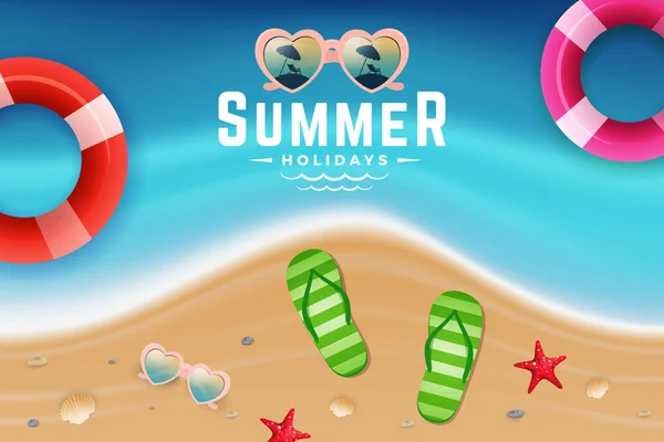 Zand en zee water bovenaanzicht scène voor de zomer vakantie achtergrond — Stockvector