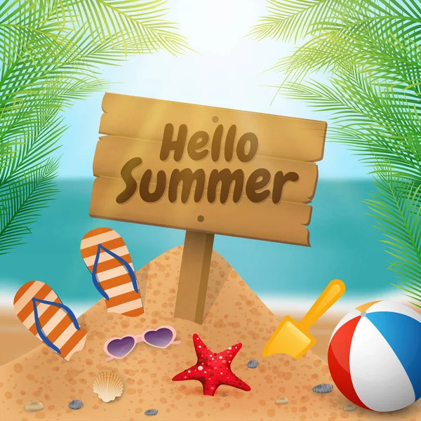 Γεια σας καλοκαίρι ξύλινη πινακίδα στη σκηνή παραλία — Διανυσματικό Αρχείο