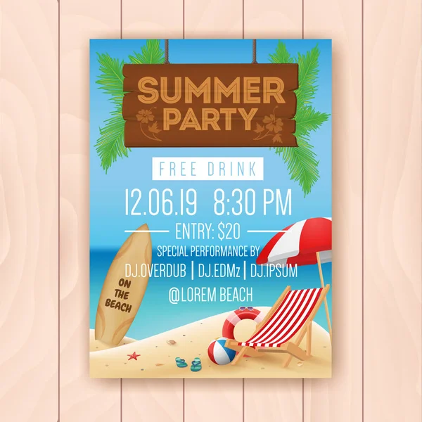 Summer party advertising poster design with hanging signboard — Stock Vector