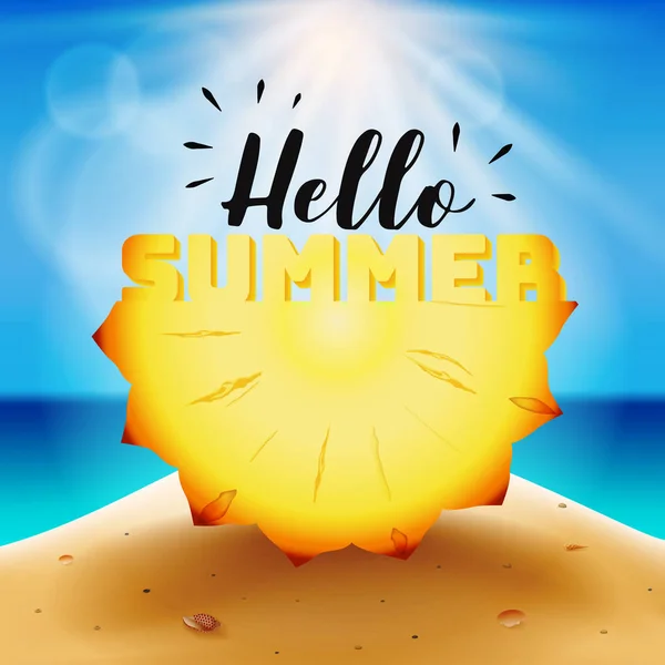 Γεια σας καλοκαίρι τυπογραφία σε ξυλόγλυπτο ανανά — Διανυσματικό Αρχείο