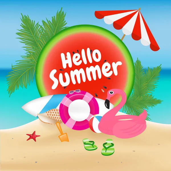 Hello Summer Season Arrière-plan et conception d'objets avec Flamingo — Image vectorielle