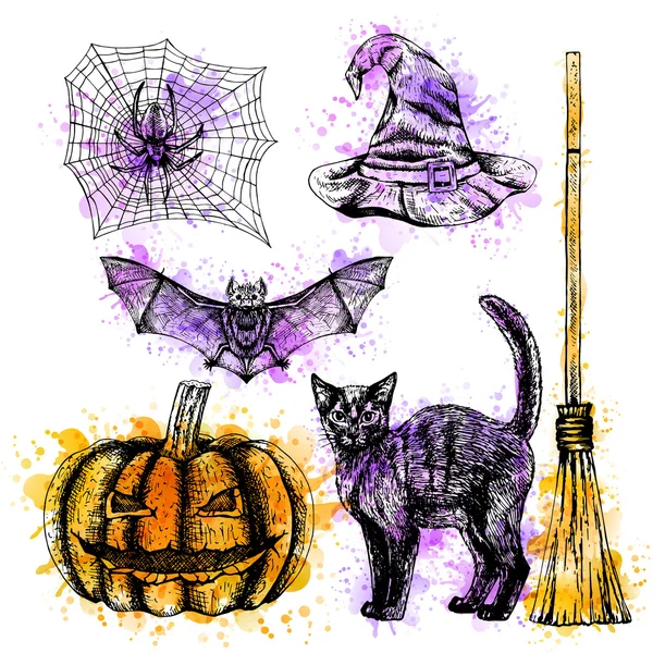 Set de halloween dibujado a mano con manchas de acuarela. Ilustración vectorial . — Archivo Imágenes Vectoriales