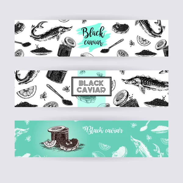 Conjunto de pancartas dibujadas a mano con caviar negro . — Vector de stock