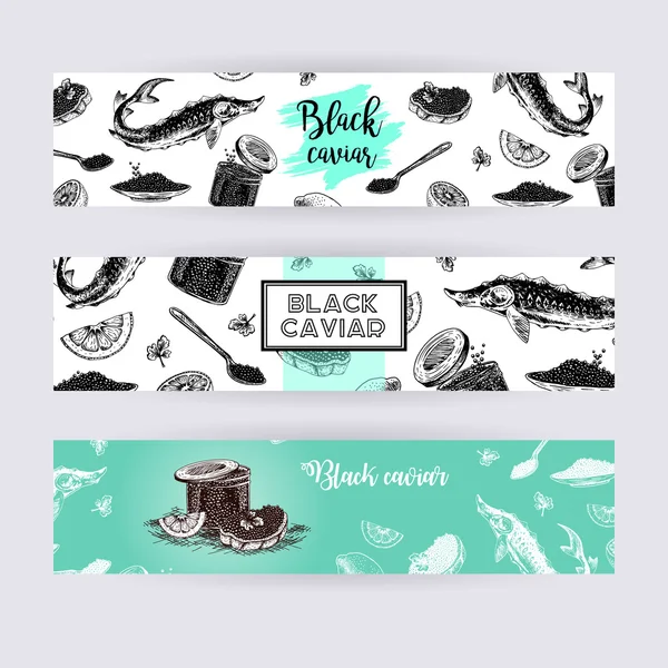 Hand drawn set of banners with black caviar. — Stock vektor