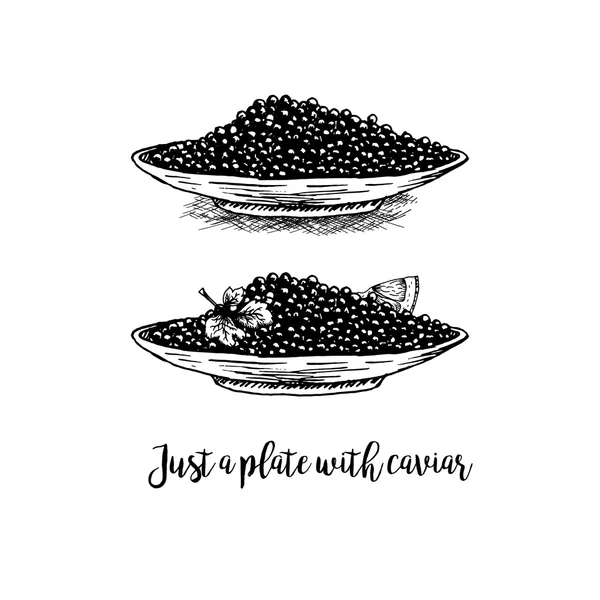Juego de platos dibujados a mano con caviar negro . — Vector de stock