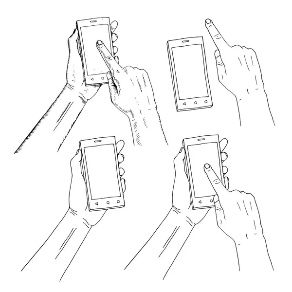 Рука держит телефон. Палец на телефоне нажав на экран . — стоковый вектор