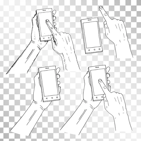 Намальована рука тримає телефон. Палець на телефоні, що натискає на екрані . — стоковий вектор