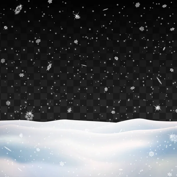 Snö på transparent bakgrund. Vinter snöfall. — Stock vektor